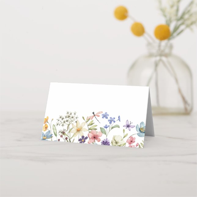 Modern Färgrik Vild Blomma Bröllopsskalajka Placeringskort (Framsida)