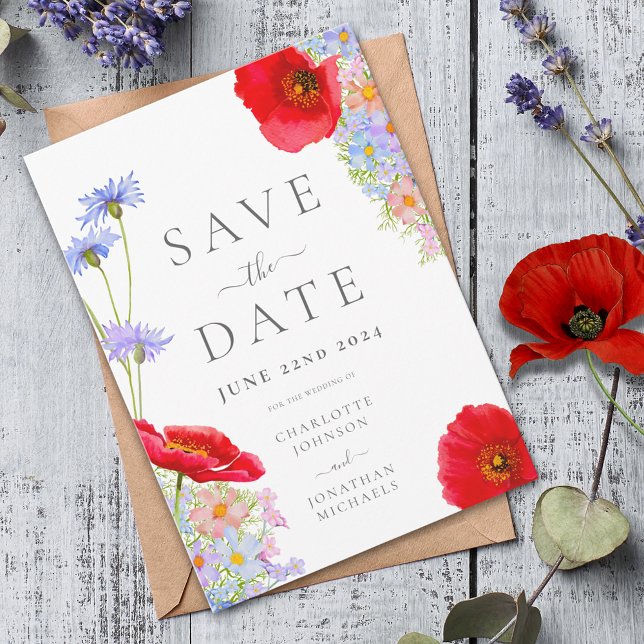 Modern Färgrik Vildblomma Bröllop Spara Datumet (Colorful watercolor wildflower wedding save the date invitation elegant script)