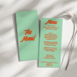 Modern färgstark fet Funky Retro Groovy Bröllop Meny<br><div class="desc">En färglös funky,  en modern grönt-middagsmeny för bröllop. Med chicens malldesign har du bakgrunden till vintagens grönt och orangens fet typografi. Och gröntens ljusa bakgrund. Perfekt och matchning med hela sviten.</div>