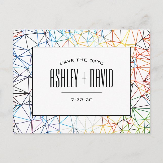 Modern färgstark geometri sparar vykortet för datu inbjudan vykort (Framsida)