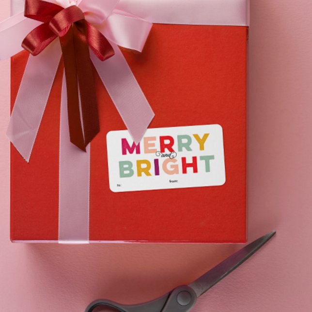 Modern färgstark merry- och Bright Gift-etikett Adressetikett (merry and bright gift tag labels in pink, yellow, purple, aqua and red on white)