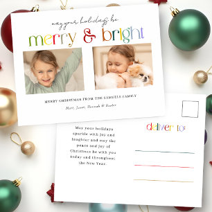 Modern färgstark merry och Bright Typografi 2-foto Helg Vykort