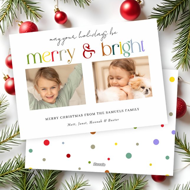 Modern färgstark merry och Bright Typografi 2-foto Julkort (Skapare uppladdad)