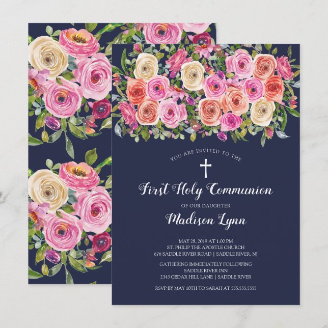 Modern färgstark Rosa Blommigt, första Heligan, ge Inbjudningar (Fram/baksida)