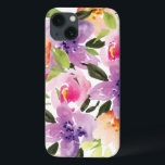 Modern färgstark vattenfärg Boho-blommor från disk<br><div class="desc">Moderna vattenfärgsblommor. Lila persika och rosa blommor över vit bakgrund</div>