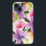 Modern färgstark vattenfärg Boho-blommor från disk<br><div class="desc">Moderna vattenfärgsblommor. Lila persika och rosa blommor över vit bakgrund</div>