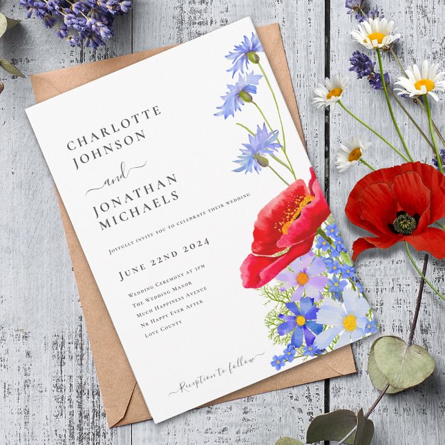 Modern färgstark Wildblomma Inbjudningar (Modern colorful wildflower wedding invitation )