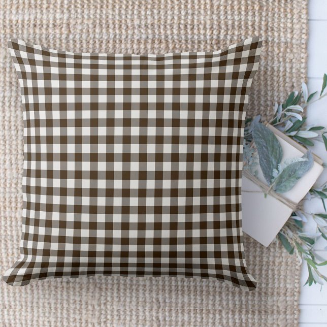 Modern Farmhouse Brown & White Gingham Couch Kudde (throw pillow farmhouse pillows country brown and white gingham plaid throw pillow )