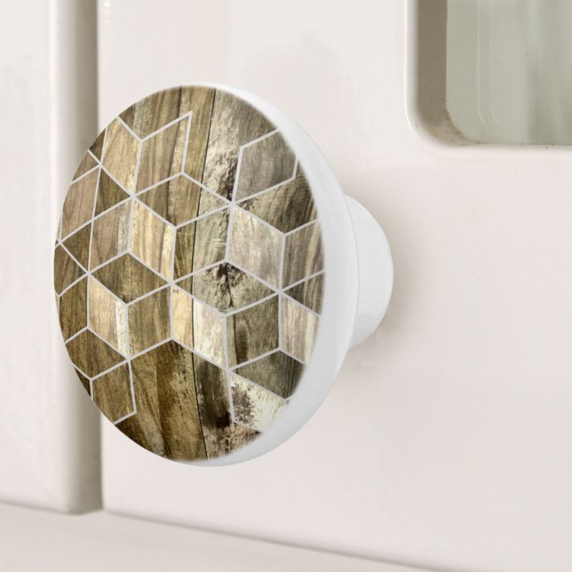 Modern Farmhouse Brown Wood Geometric Mönster Knopp (Modern Farmhouse Brown Wood Geometric Pattern Ceramic Knob)