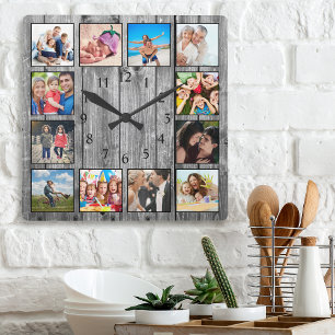 Modern Farmhouse Family Rustic Photo Collage Fyrkantig Klocka