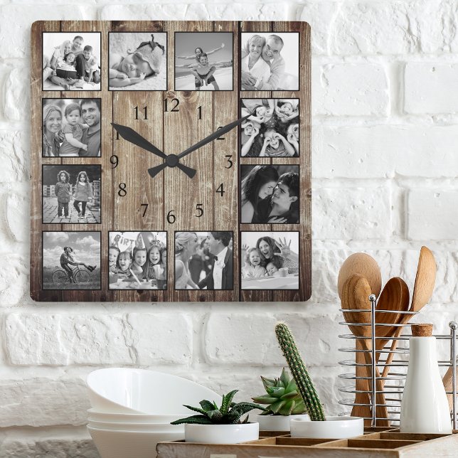 Modern Farmhouse Family Rustic Photo Collage Fyrkantig Klocka (Skapare uppladdad)