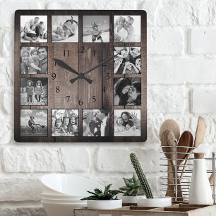 Modern Farmhouse Family Rustic Photo Collage Fyrkantig Klocka