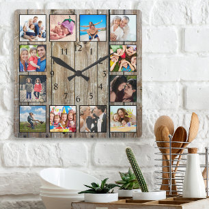 Modern Farmhouse Family Rustic Photo Collage Fyrkantig Klocka