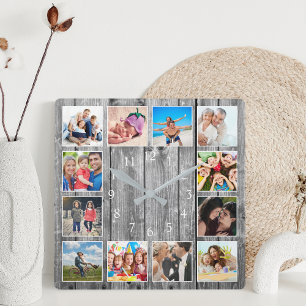 Modern Farmhouse Family Rustic Photo Collage Fyrkantig Klocka
