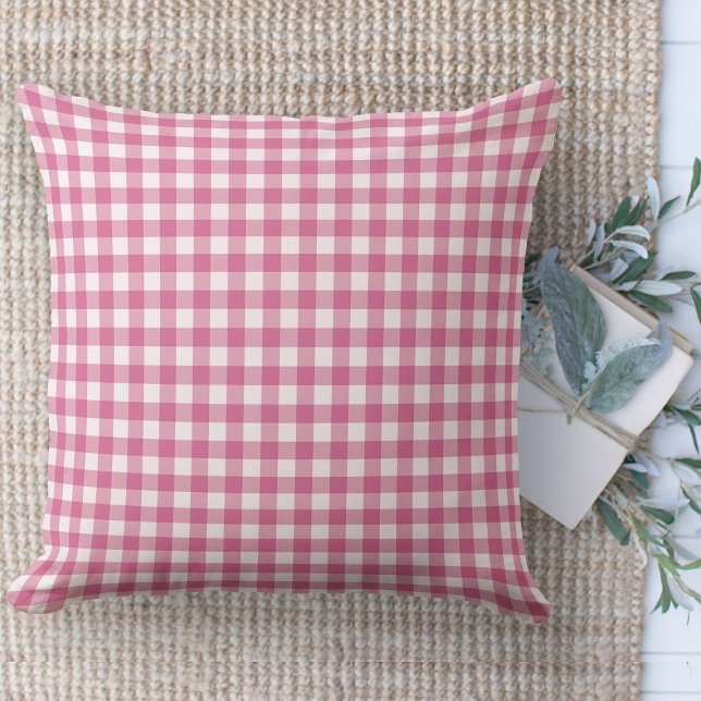 Modern Farmhouse Rosa & White Gingham Nursery Kudde (throw pillow farmhouse pillows country pink and white gingham plaid throw pillow )