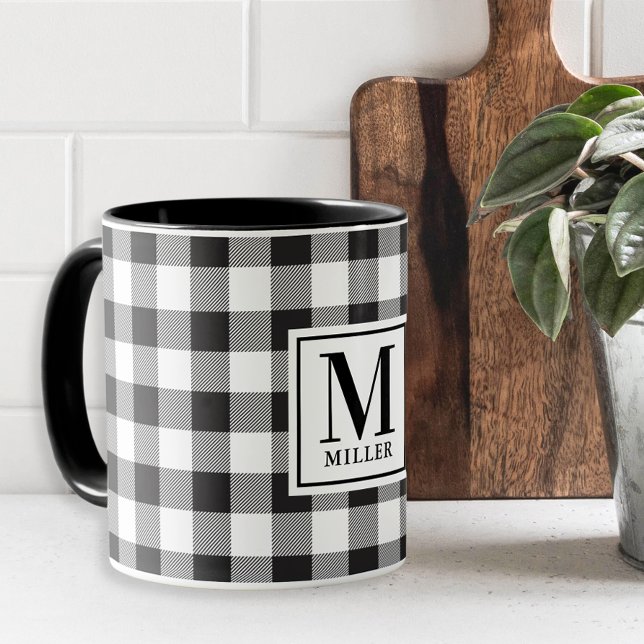 Modern Farmhouse Svart Buffalo Rutig Monogrammerad Mugg (Skapare uppladdad)