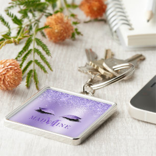 Modern fasansfull monogram Glitter-Lila Fyrkantig Silverfärgad Nyckelring
