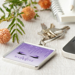 Modern fashionable Lila Monogram Glitter Lash Fyrkantig Silverfärgad Nyckelring
