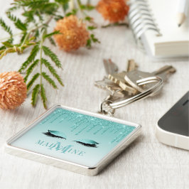Modern fashionable Monogram Teal Glitter Lash Fyrkantig Silverfärgad Nyckelring
