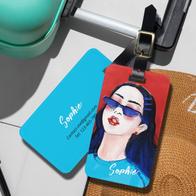 Modern Fashionable Red Blue City Girl Paint Bagagebricka (Illustration of a stunning modern girl in red and blue color tones, a girl with long hair & stylist)