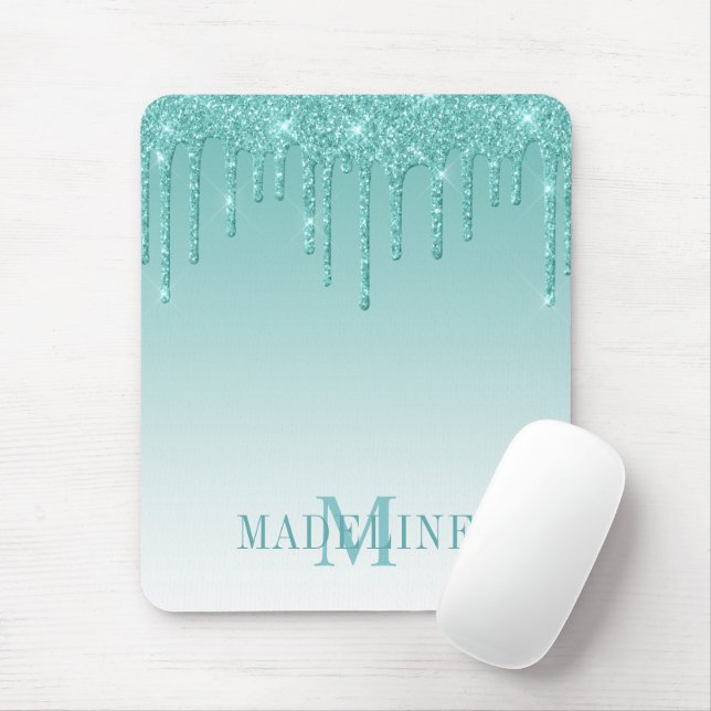 Modern Fashionable Teal Glitter Drip Monogram Musmatta (Med mus)