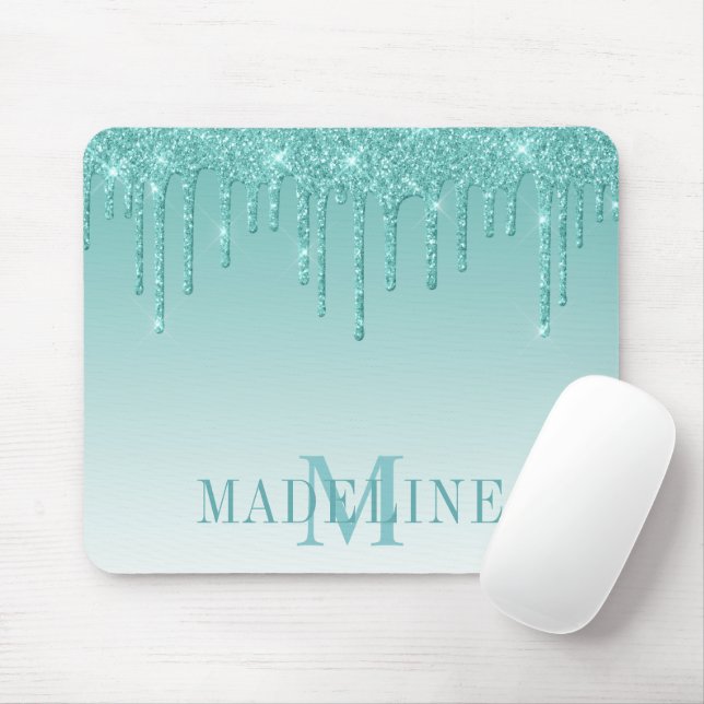 Modern fashionable Teal Glitter Monogram Musmatta (Med mus)