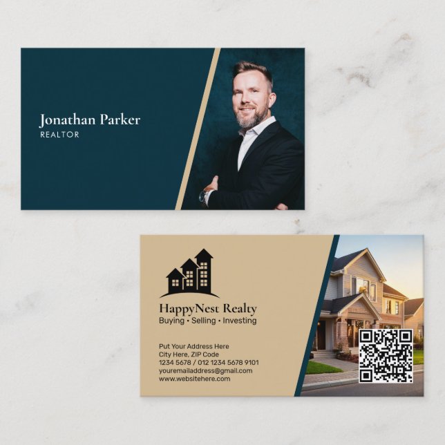 Modern Fastighet med Foto & QR-kod Visitkort (Fram/baksida)