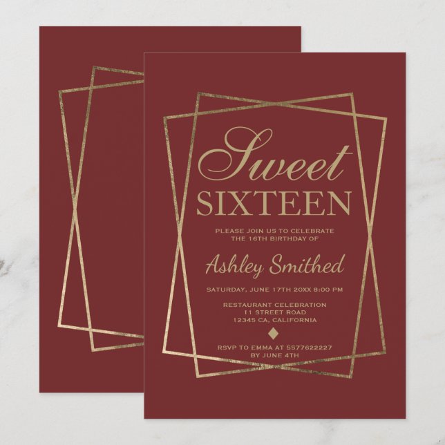 Modern faux chic guld-manus burgundy Sweet 16 Inbjudningar (Fram/baksida)