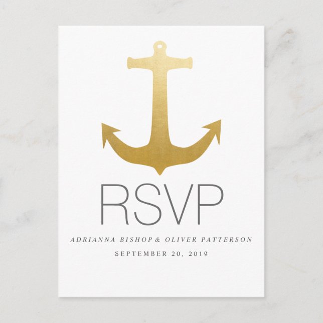 Modern Faux Gold Foil Anchor Nautical Bröllop OSA Inbjudan Vykort (Framsida)