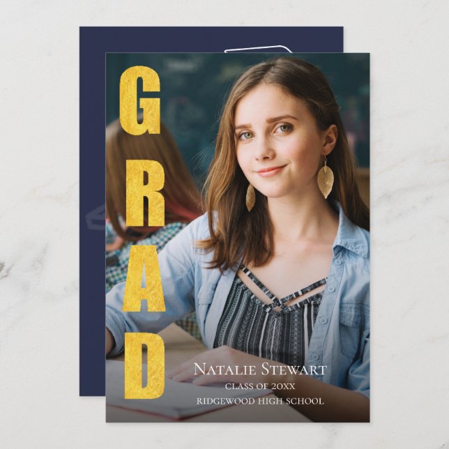 Modern Faux Gold Foil GRAD Photo Studenten Inbjudningar (Fram/baksida)