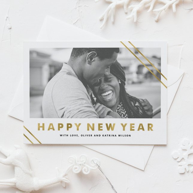 Modern Faux Gold Foil Happy New Year Photo Card Julkort (Modern Faux Gold Foil Happy New Year Photo Holiday Card)