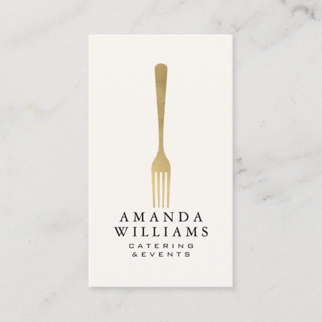 Modern Faux Gold Fork Catering Logo Ivory Vertical Visitkort (Framsida)