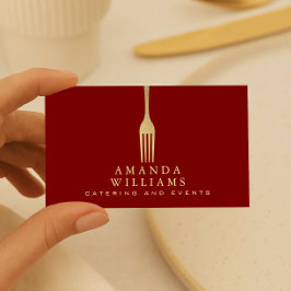 Modern Faux Gold Fork Catering Logo on Red Visitkort