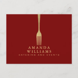 Modern Faux Gold Fork Catering Logo on Red Vykort
