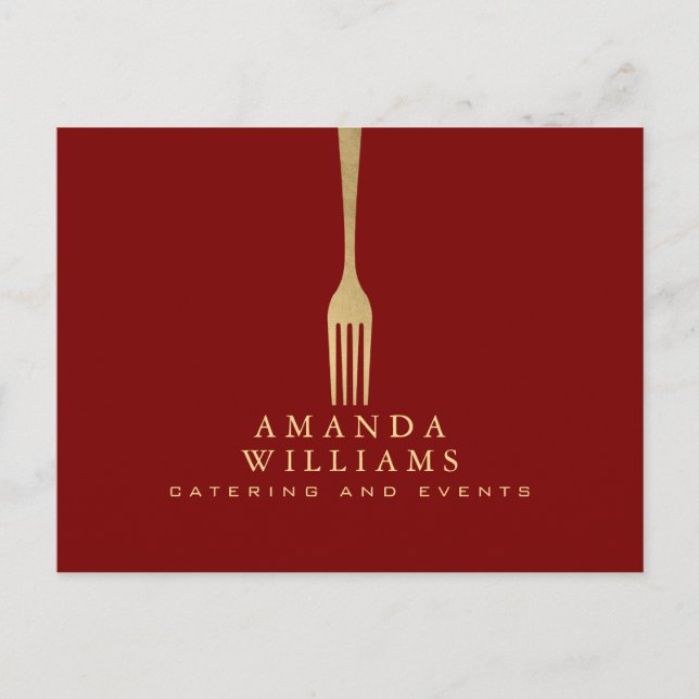Modern Faux Gold Fork Catering Logo on Red Vykort (Framsida)