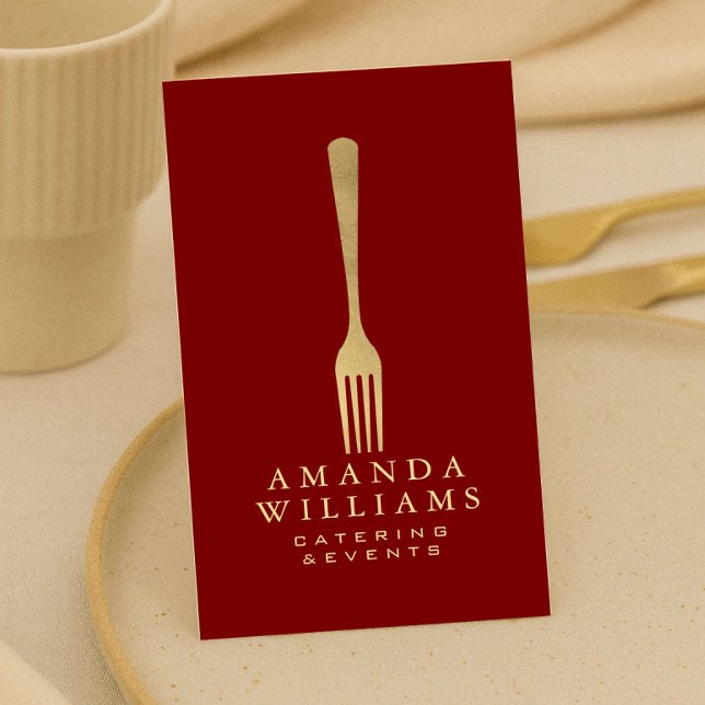 Modern Faux Gold Fork Catering Logo Red Vertical Visitkort (Skapare uppladdad)