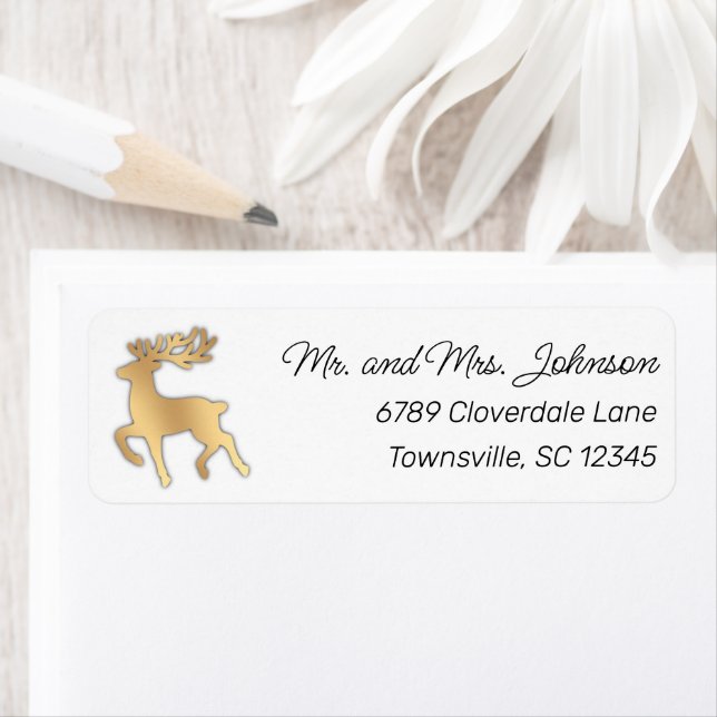 Modern Faux Gold Reindeer Return Address Returadress Etikett (Insitu)