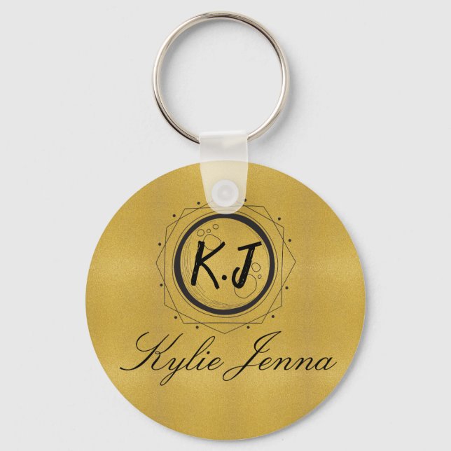 Modern Faux Guld Celestial Monogram & Namn i Scrip Nyckelring (Framsida)