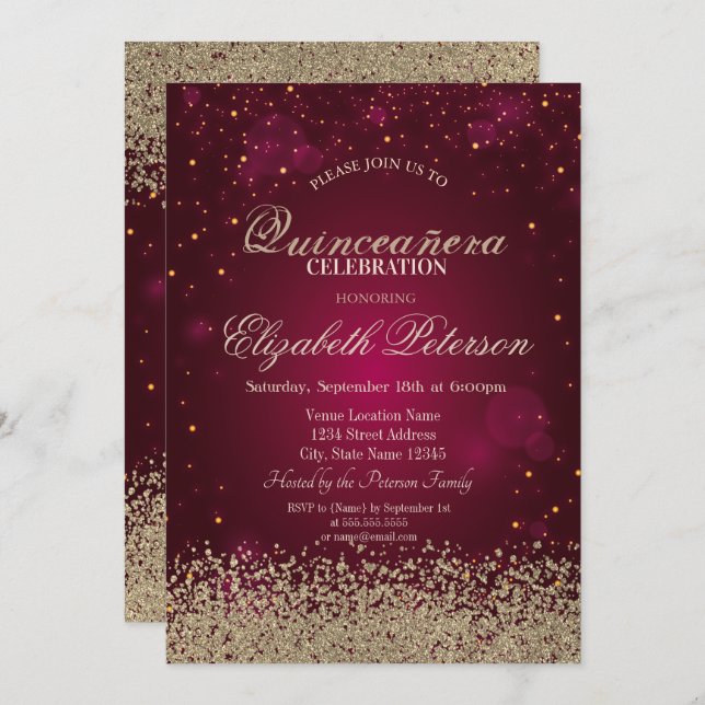 Modern Faux Guld Diamonds Confetti Red Quinceañera Inbjudningar (Fram/baksida)