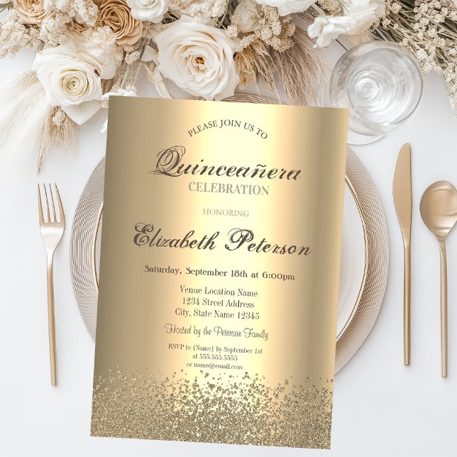 Modern Faux Guld Diamonds Guld Quinceañera Inbjudningar (Skapare uppladdad)