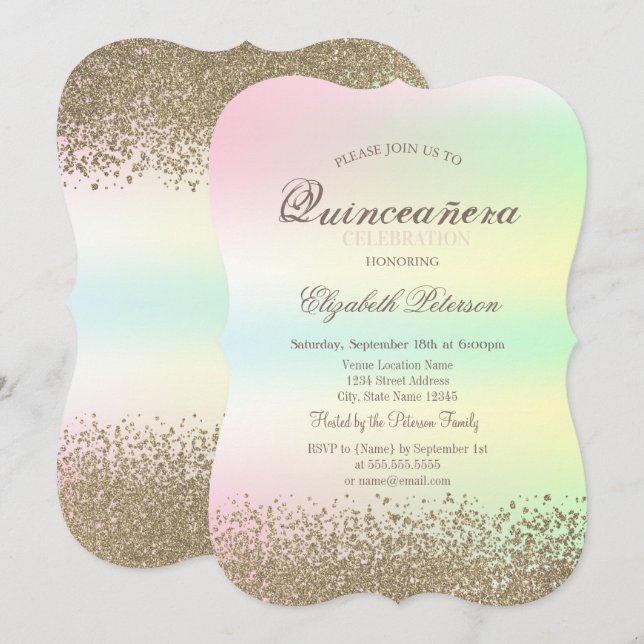 Modern Faux Guld Diamonds Iridescent Quinceañera Inbjudningar (Fram/baksida)