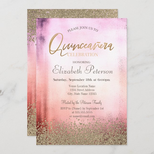 Modern Faux Guld Diamonds Ombre Quinceañera Inbjudningar (Fram/baksida)