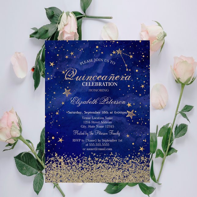 Modern Faux Guld Diamonds Stars Blue Quinceañera Inbjudningar (Skapare uppladdad)