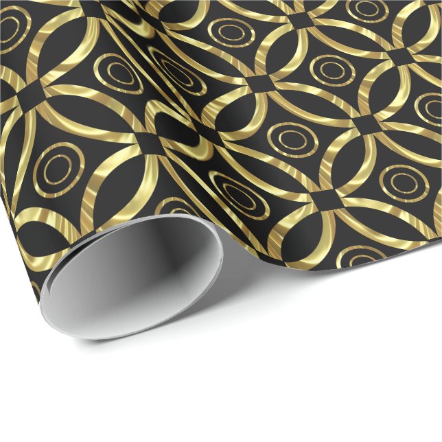 Modern Faux Guld Geometric Mönster on Black Presentpapper (Rullad Hörn)