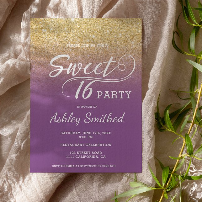Modern faux guld glitter lila Sweet 16 Inbjudningar (Skapare uppladdad)