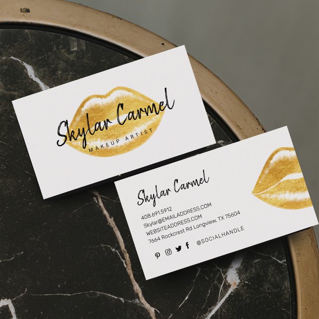 Modern Faux Guld Lip Trendig Makeup Artist White Visitkort (Modern Faux Gold Lip Trendy Makeup Artist White Business Card)