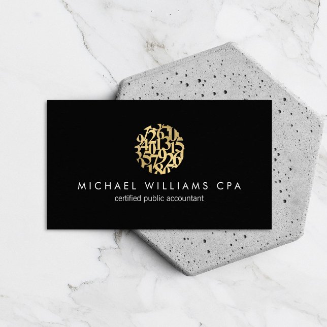 Modern Faux Guld Numbers Logotyp Accountant Black Visitkort (Skapare uppladdad)