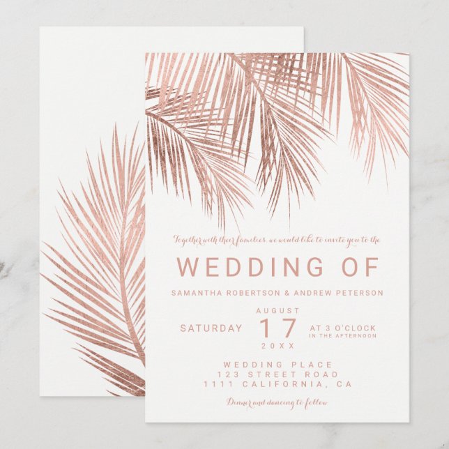 Modern faux guld-tropisk handflatan-bröllop inbjudningar (Fram/baksida)