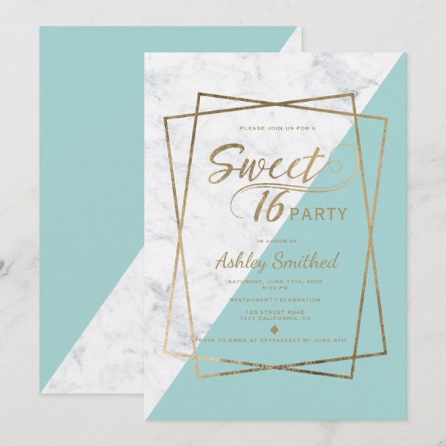 Modern faux guld typography marble teal Sweet 16 Inbjudningar (Fram/baksida)