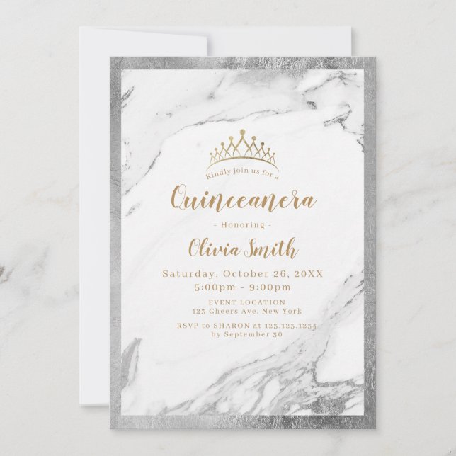 Modern faux gyllene silver marble Quinceanera Inbjudningar (Framsida)